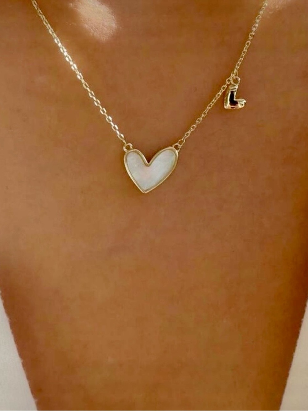 Gold Heart Pendant Necklace with White Inlay